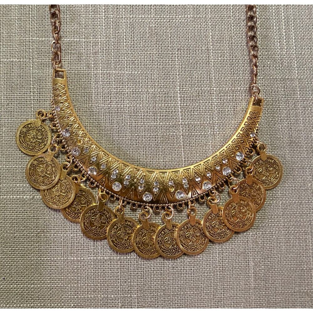 🧚🏻‍♀️ Boho Gold Coin Statement Necklace | Crystal Accents | Adjustable 23–25”